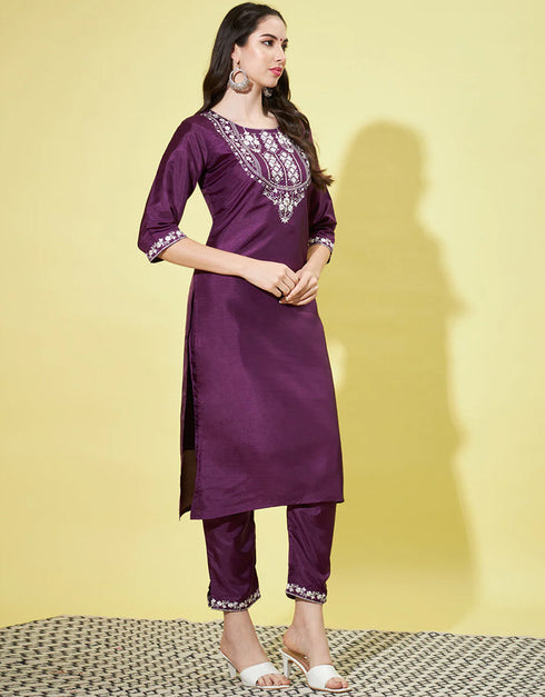 Designer Party Wear Silk Blend Readymade Suit Collection Purple Silk Blend Pant Straight Back View